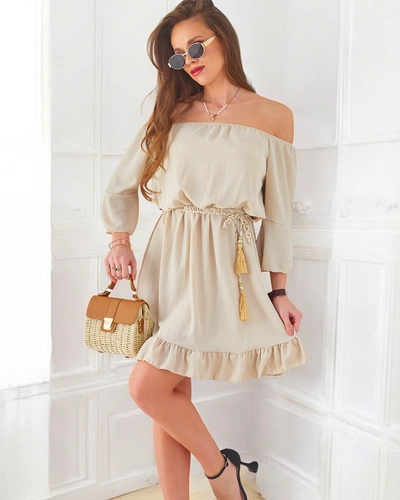 Royalfashion Дамска мини рокля с голи рамене и дълги ръкави, украсена с камъчета