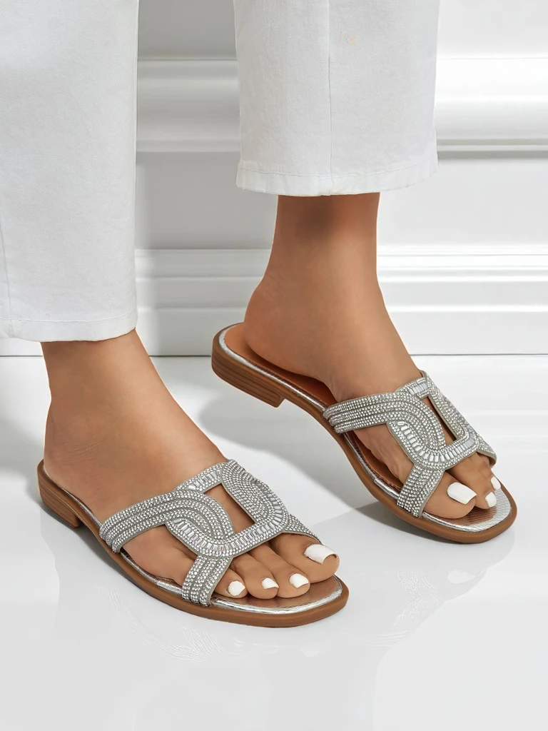 Сребърни сандали Royalfashion Ariadne - плосък ток, екологична кожа