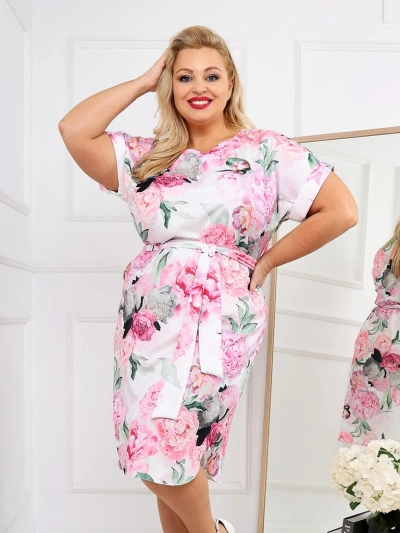 Royalfashion Женска рокля до коляното с къси ръкави и розова връзка