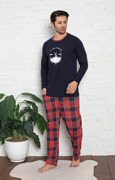 Royalfashion тъмносиня и червена мъжка пижама от 2 части