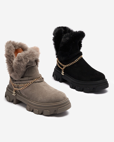 Черни дамски ботуши от еко велур с верижка Videric - Обувки