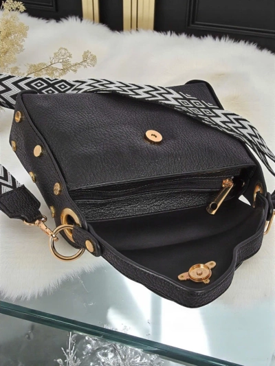 Черна дамска чанта Livia от екологична кожа с декорация в стил Арт Деко