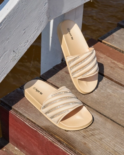 Beżowe damskie klapki z cyrkoniami Erikis - Obuwie