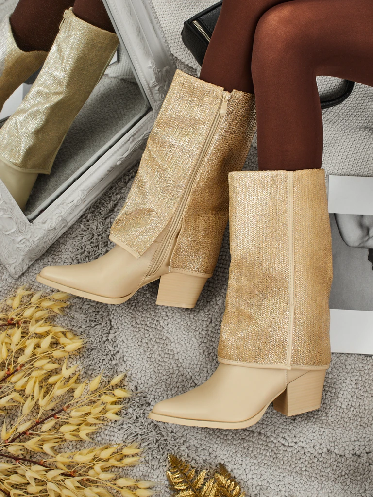 Дамски еко кожени боти на ток с декоративна горна част Virelia