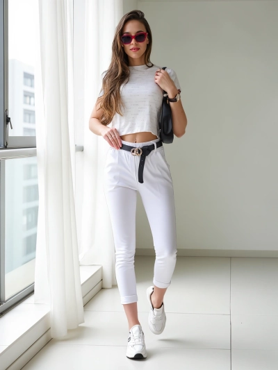 Royalfashion Женски тънки вискозни панталони с колан