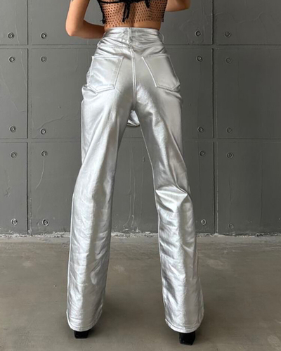 Royalfashion Дамски широки панталони с металик