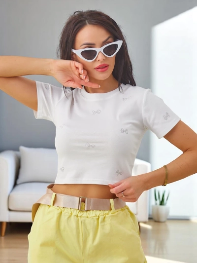 Royalfashion дамски памучен къс топ с камъни във форма на лък