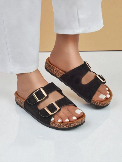 Дамски чехли Letitia черни, велурени, плосък ток, италиански дизайн