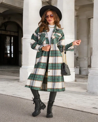 Zielona długa koszula damska w kratę - Odzież