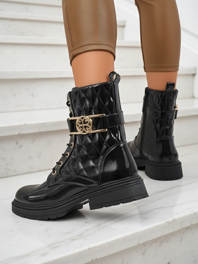 Дамски капитонирани боти от екологична лакирана кожа Opal Verge