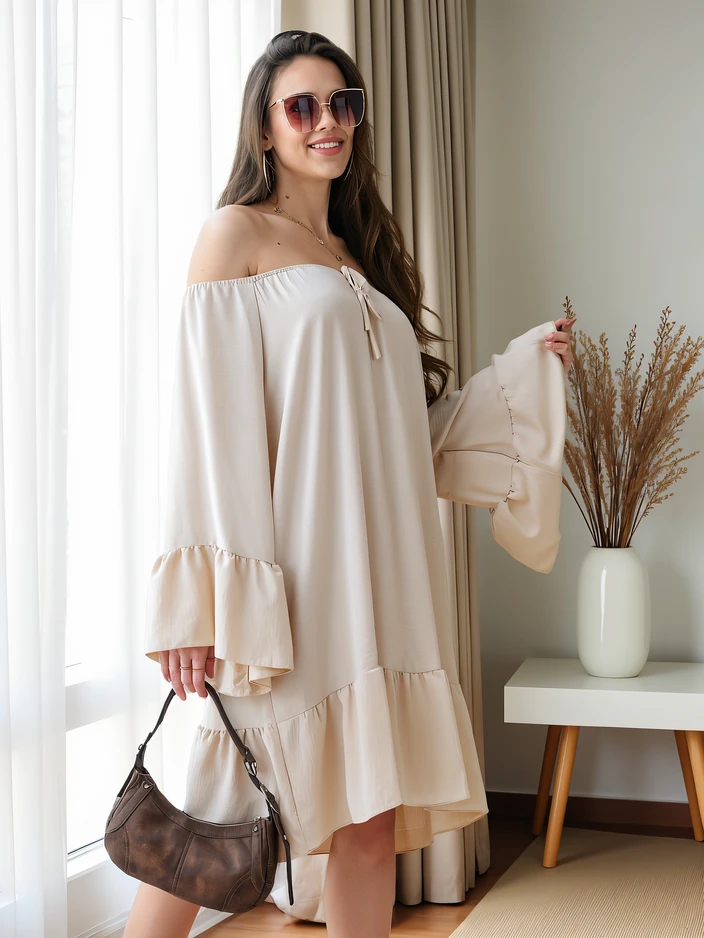 Рокля на Royalfashion в испански стил с ръкави и голям размер