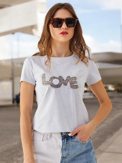 Royalfashion дамска памучна тениска LOVE с камъни