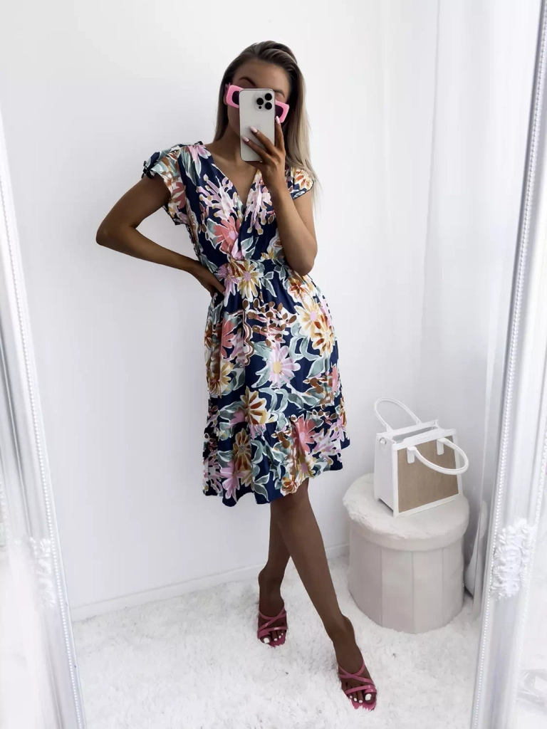 Дамска тъмносиня мини рокля с флорален принт - Облекло