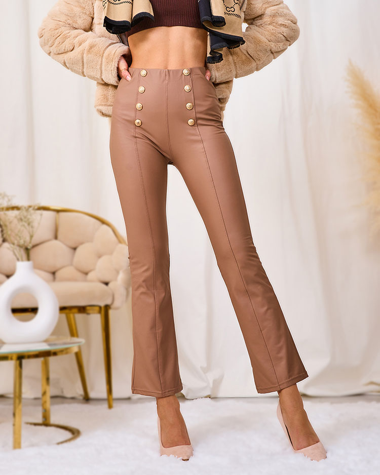 Royalfashion Кафяв дамски клин от екокожа със златни копчета