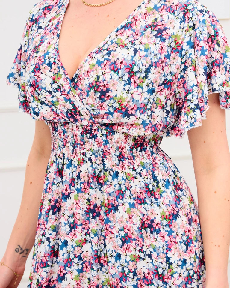 Дамска макси рокля с цветя в синьо и розово - Облекло