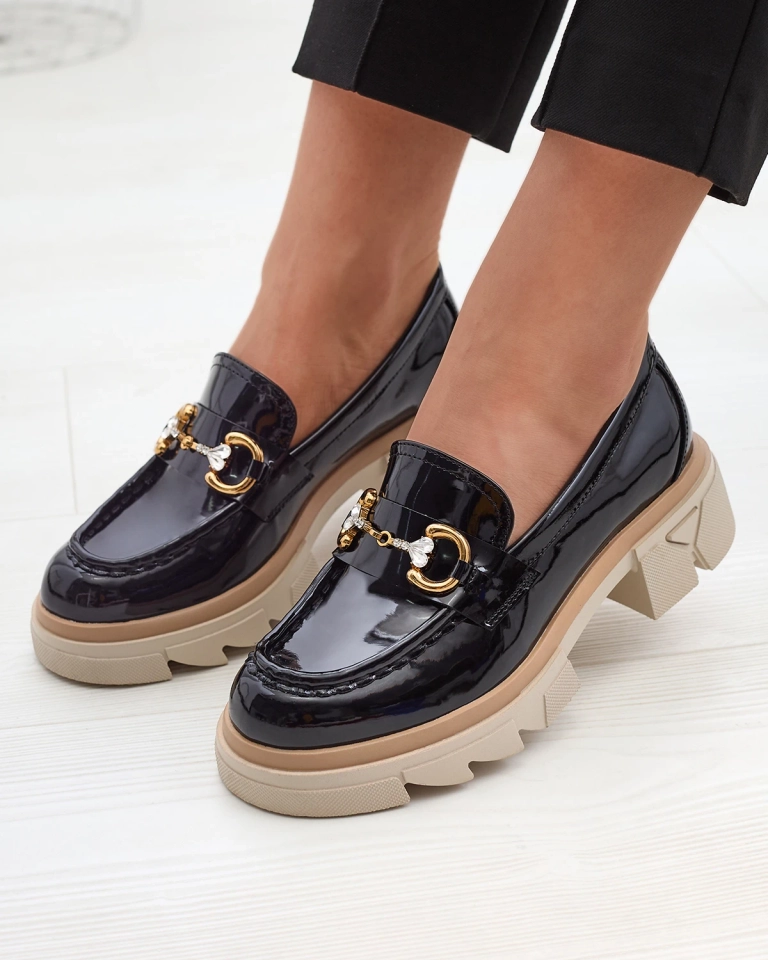 Лакирани черни дамски мокасини с кристали Inriw - Обувки