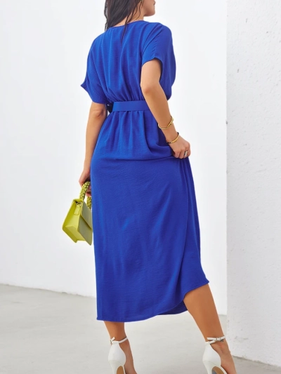 Рокля миди за жени с къси ръкави, V-образно деколте и цепка в средата