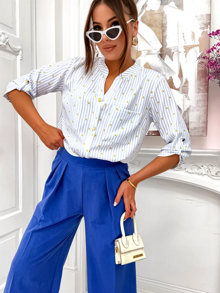 Риза на Royalfashion с райе и лимони за жени и V-образно деколте