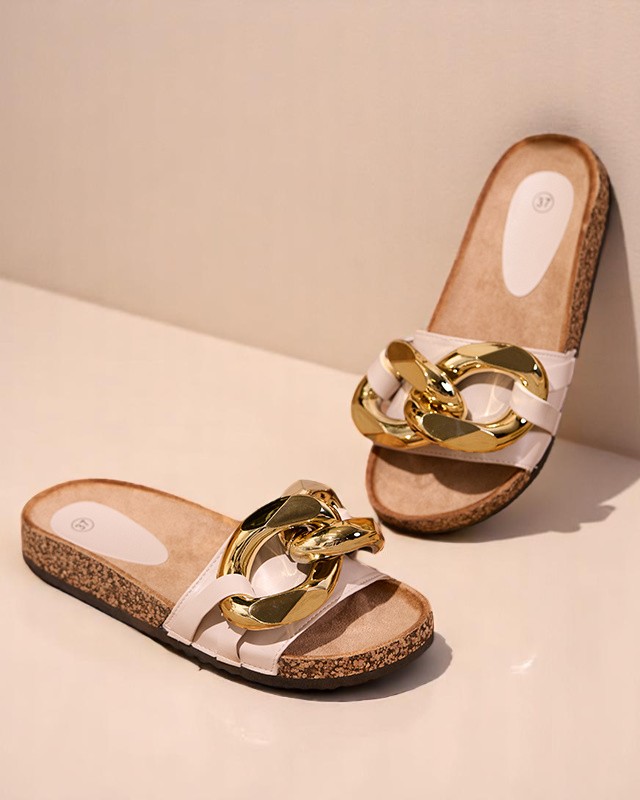 Beżowe klapki damskie z ozdobą Sofig- Obuwie