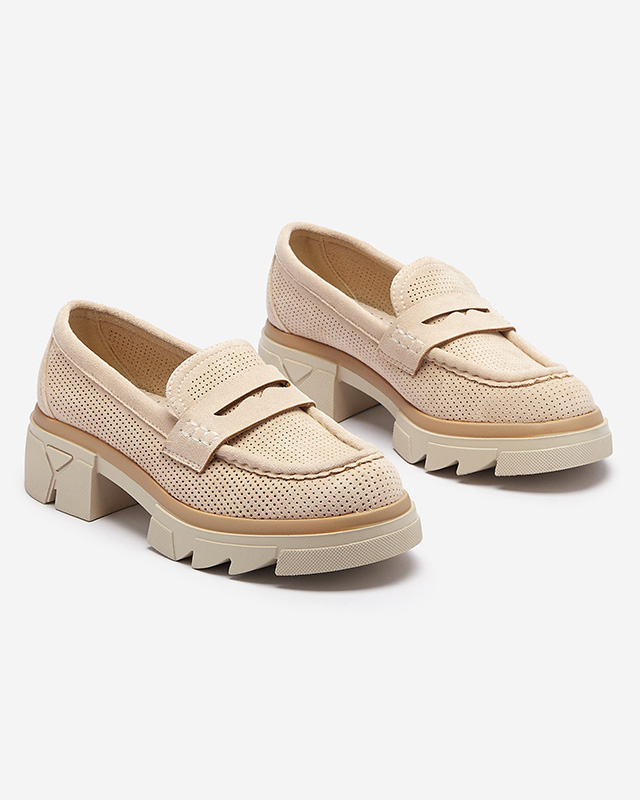 Бежови дамски ажурни мокасини с масивна подметка Ejina - Обувки