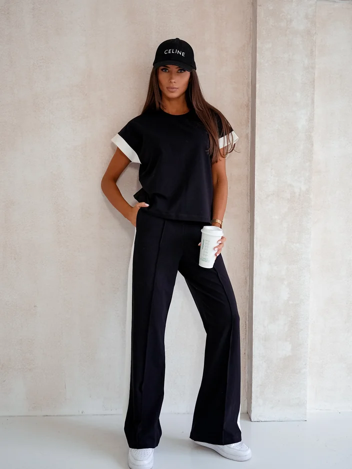 Royalfashion дамски памучен комплект с къси ръкави и широки панталони