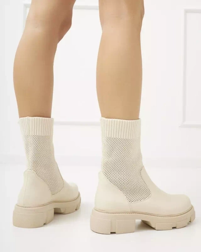 OUTLET Ażurowe beżowe damskie botki na płaskim obcasie Roibu - Obuwie