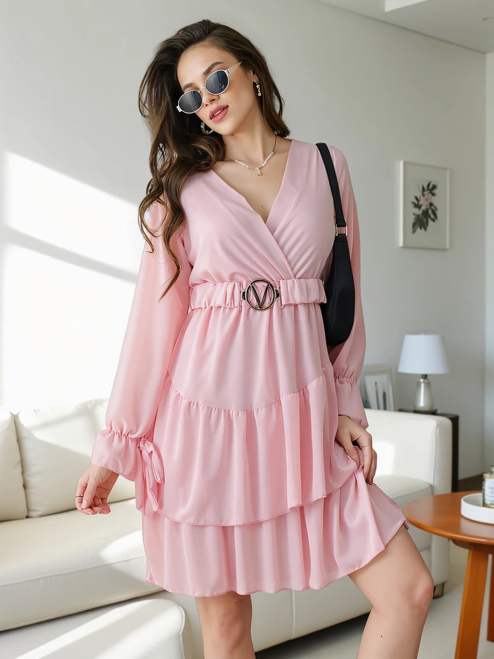 Royalfashion Дамска мини рокля с ръбове и завиваща яка