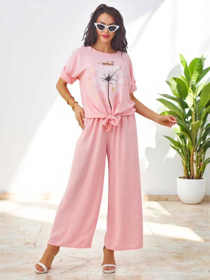 Royalfashion Дамски casual комплект с къс ръкав блуза и широки панталони