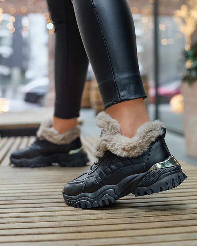 Sportowe czarne buty damskie z futerkiem Flixi - Obuwie