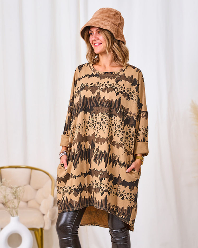 Royalfashion Десенирана дамска светлокафява рокля