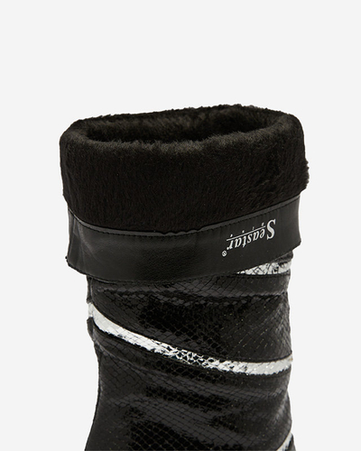 Черно-сребърни дамски ботуши на ток с релефни ивици Felifea- Обувки