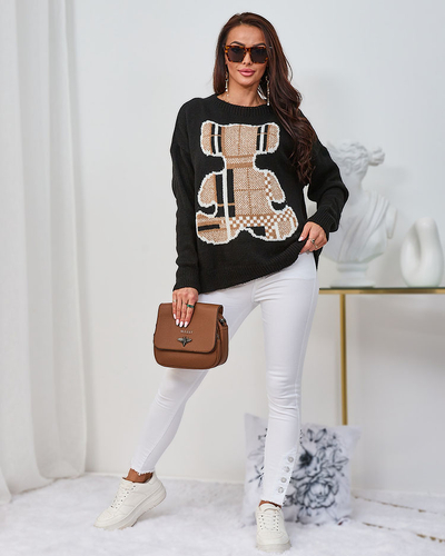 Royalfashion Черен дамски пуловер с плюшено мече