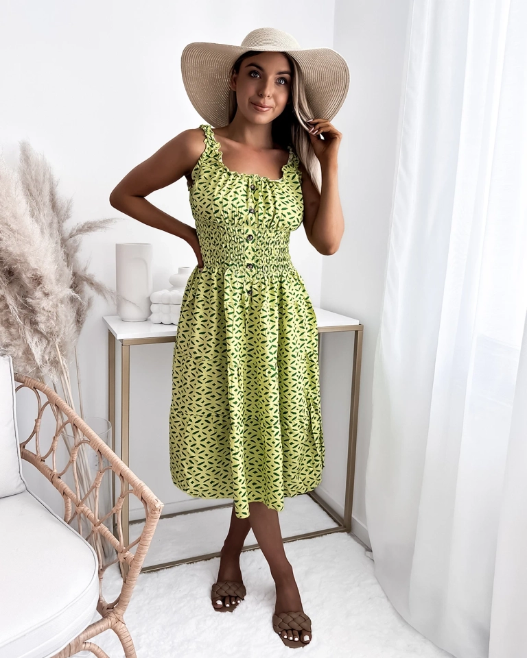 Дамска рокля с дължина до коляното и принт в зелено- Облекло