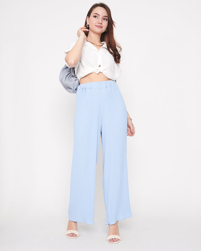 Niebieskie damskie prążkowane szerokie spodnie palazzo - Odzież