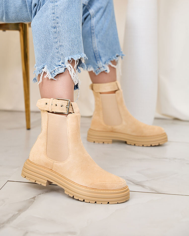 Royalfashion Бежови дамски ботуши с декоративна каишка Loffdo