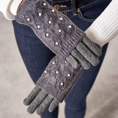 Ciemnoszare damskie rękawiczki mitenki z perełkami - Akcesoria