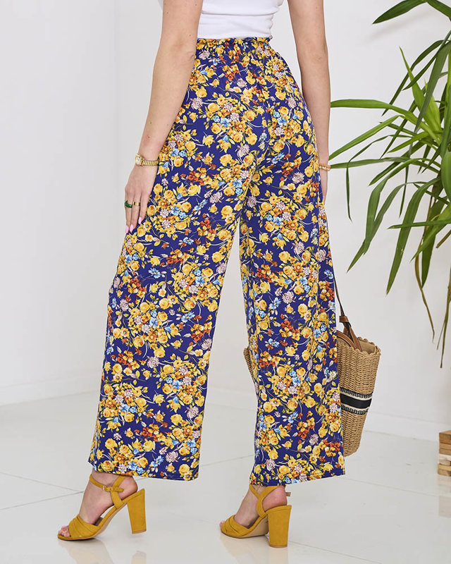 Дамски сини панталони палацо с тъмносини цветя - Облекло