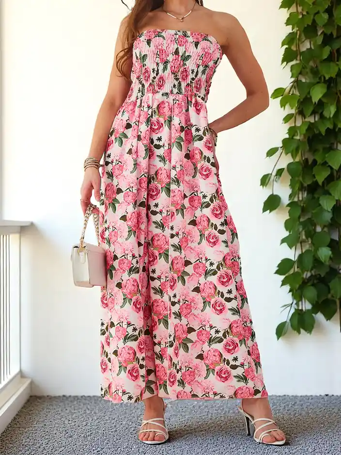 Рокля миди без ръкави с широка еластична лента и цепки в долната част