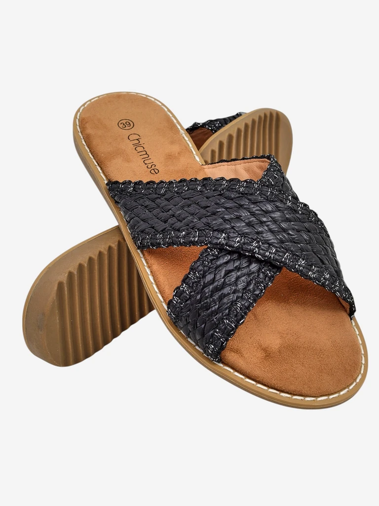 Дамски сандали Calista Nero плоски, черна плетка, екологична кожа