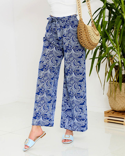 Дамски панталони от тъкан в морско синьо с щампа - Облекло