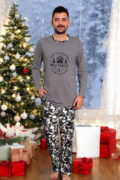 Тъмносиня мъжка пижама с кариран панталон - Облекло