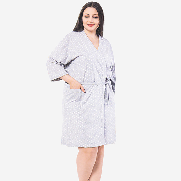 Светло сив памучен дамски халат на точки PLUS SIZE - Облекло