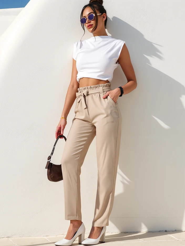 Royalfashion Обикновени дамски платнени панталони с колан