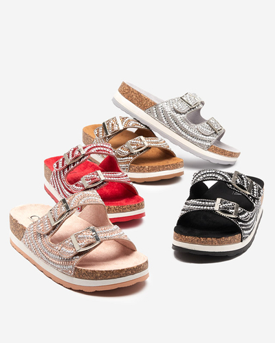 Klapki damskie z cyrkoniami w kolorze czarnym Laluda- Obuwie