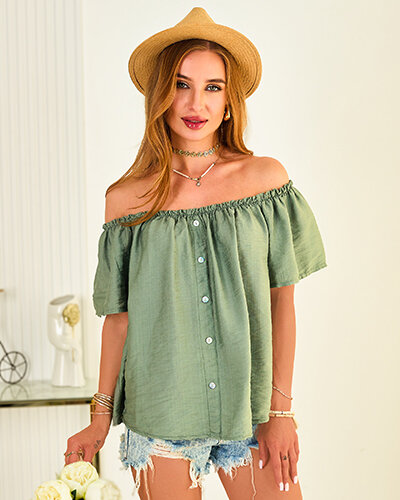 Royalfashion Дамска блуза а'ла испанка с декоративни копчета