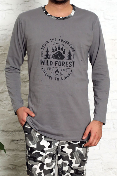 Тъмносиня мъжка пижама с кариран панталон - Облекло