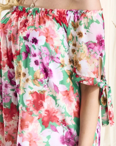 Зелена дамска рокля a'la hiszpanka с цветни цветя - Облекло