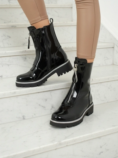 Лакирани еко кожени дамски боти с цирконии Nuvina