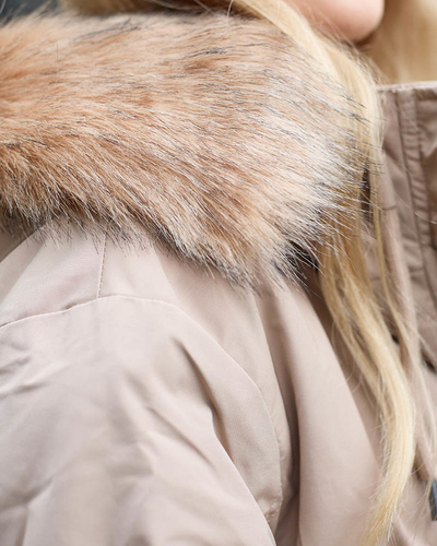 Дамско бежово зимно яке с шнур за пристягане на талията - Облекло