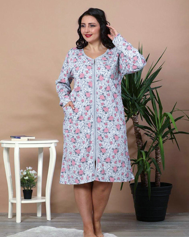 Сива нощница с цветя PLUS SIZE- Облекло